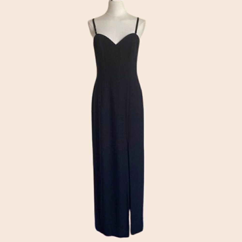 Old Hollywood Vintage 80s AJ Bari Black Column Fit Beaded Maxi Gown Size 6